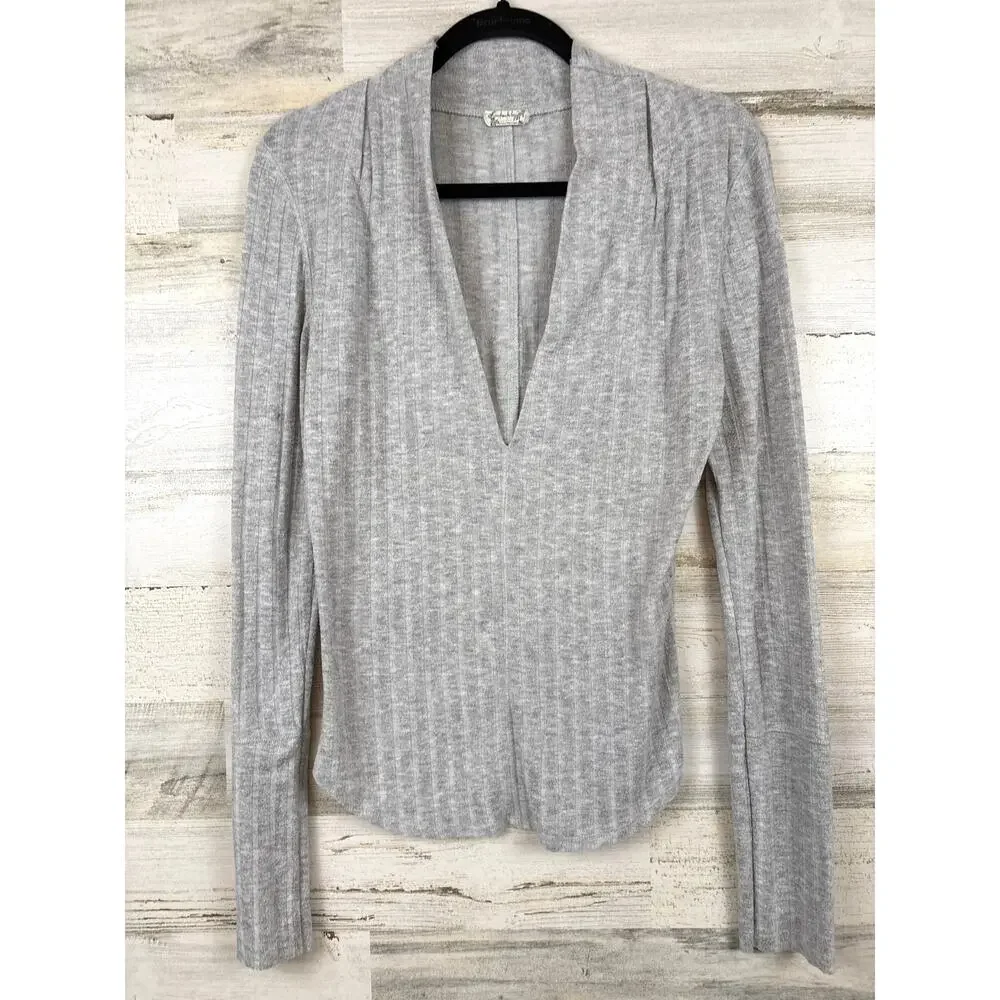 Intimately Free People Womens M Gray Ribbed V Neck Long Sleeve Cotton Top